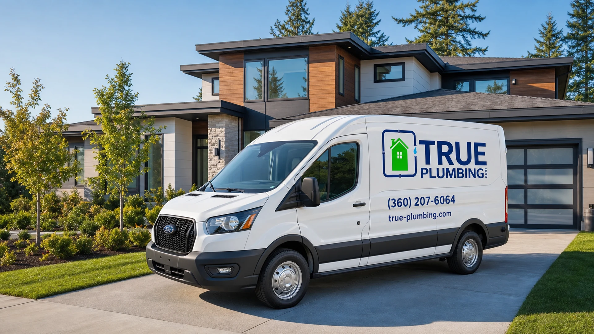 True Plumbing service van parked outside a home in Vancouver, Washington
